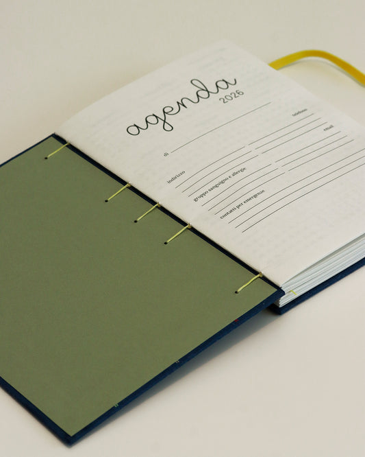 Agenda 2026 blu con pois colorati ricamati (copta con elastico)