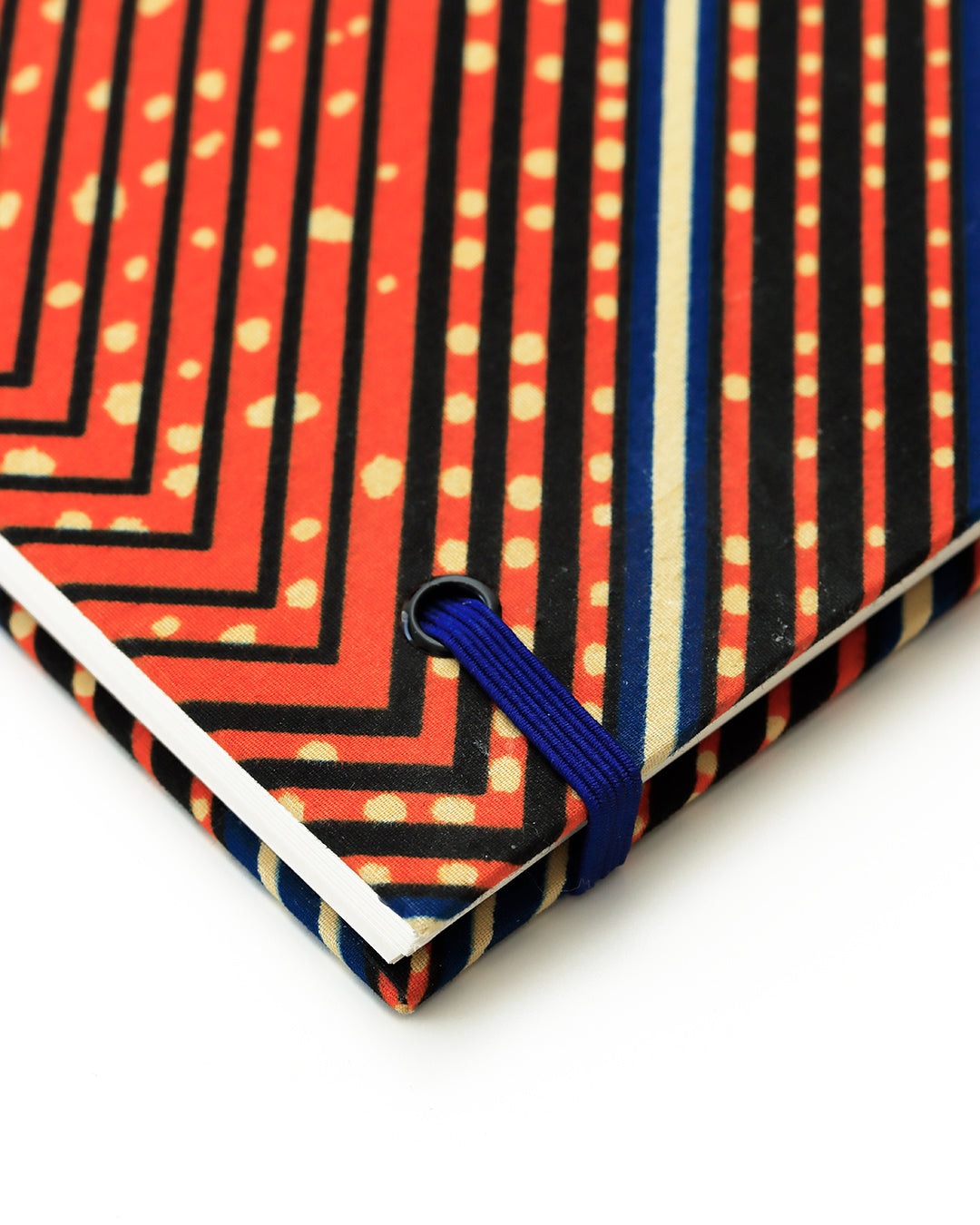 Quaderno A5 wax africano arancioni righe blu e pois beige (elastico e busta)