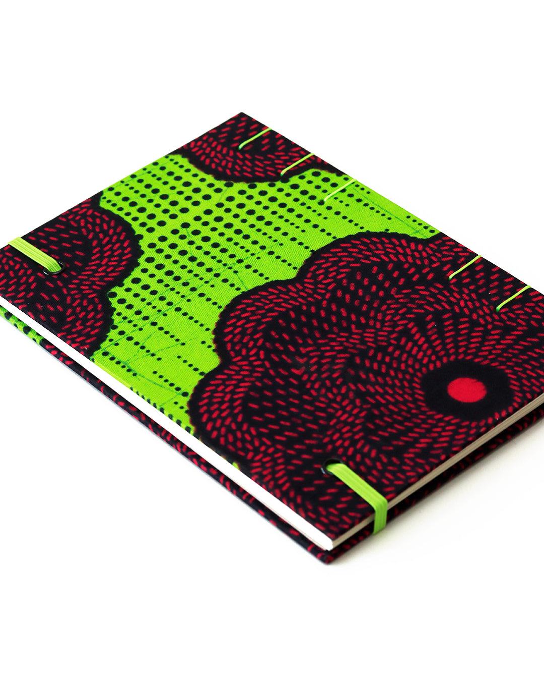 Quaderno A5 wax africano fiore fucsia su verde fluo (elastico e busta)