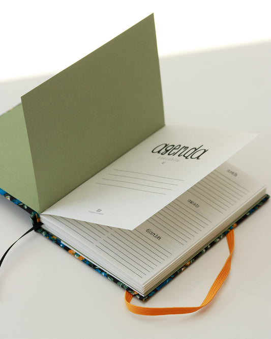 Agenda tascabile perpetua A6, fiorellini blu e gialli (con tasca interna)