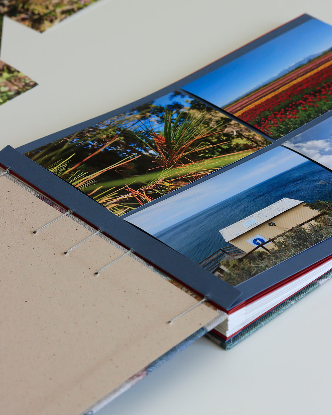 Album grande fotografia orizzontale, rilegatura copta, fiori arabeschi grigio, rosso, blu
