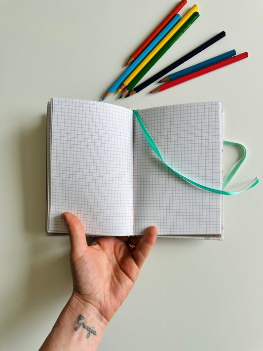 Quaderno (circa) A6 | diario dei segreti (a quadretti) | rilegatura francese cartonata | lama