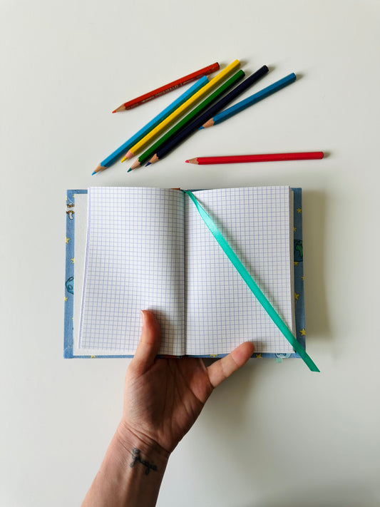 Quaderno (circa) A6 | diario dei segreti (a quadretti)| rilegatura francese cartonata |spazio