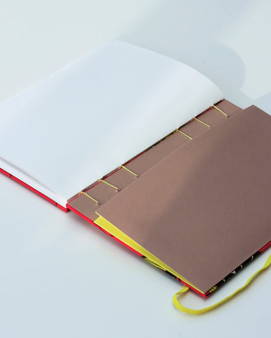 Quaderno A5 wax africano foglie fucsia e giallo (elastico e busta)