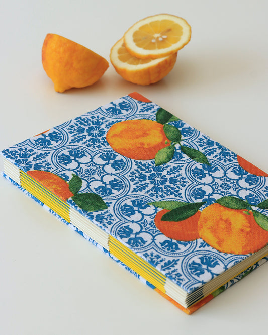 Ricettario formato A5 agrumi, limoni su maioliche bianche e blu