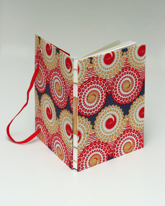 Quaderno A5 wax africano cerchi rosso e beige (elastico e busta)