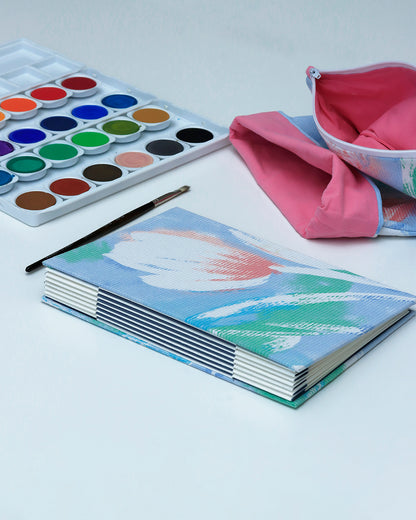 Quaderno Acquarello (Fabriano 1264, 25% cotone) fiore pennellato, azzurro