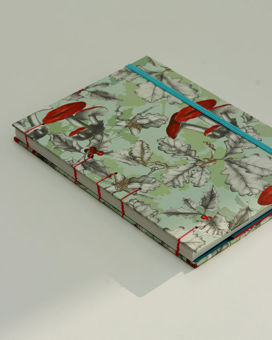 Quaderno Appunti, Formato A5, carta di bambú e cotone, Funghi (con elastico e busta)