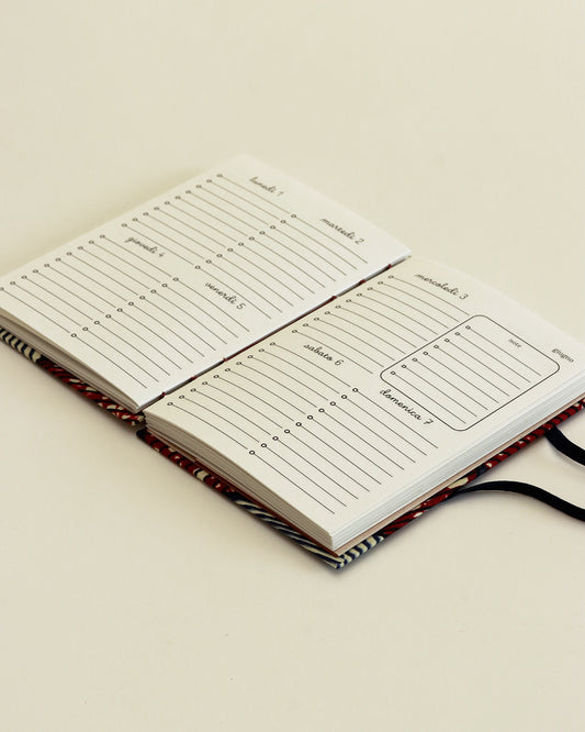 Agendina 2026 wax conchiglie blu e terra (mix copta-francese con elastico, busta e pagine bianche extra)