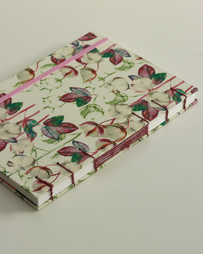 Quaderno Appunti, formato A5, carta di bambù e cotone, fiori di cotone (elastico e busta)