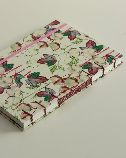 Quaderno Appunti, formato A5, carta di bambù e cotone, fiori di cotone (elastico e busta)