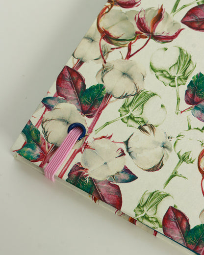 Quaderno Appunti, formato A5, carta di bambù e cotone, fiori di cotone (elastico e busta)