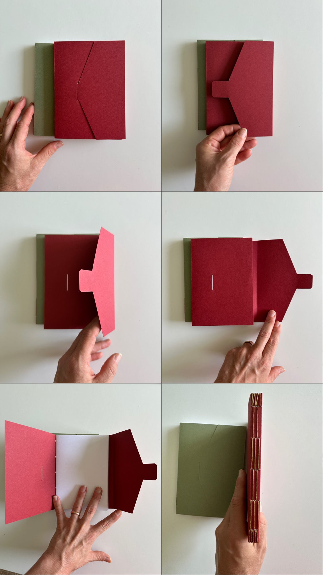 Quaderno che si chiude come una busta e ha cucitura a vista sul dorso