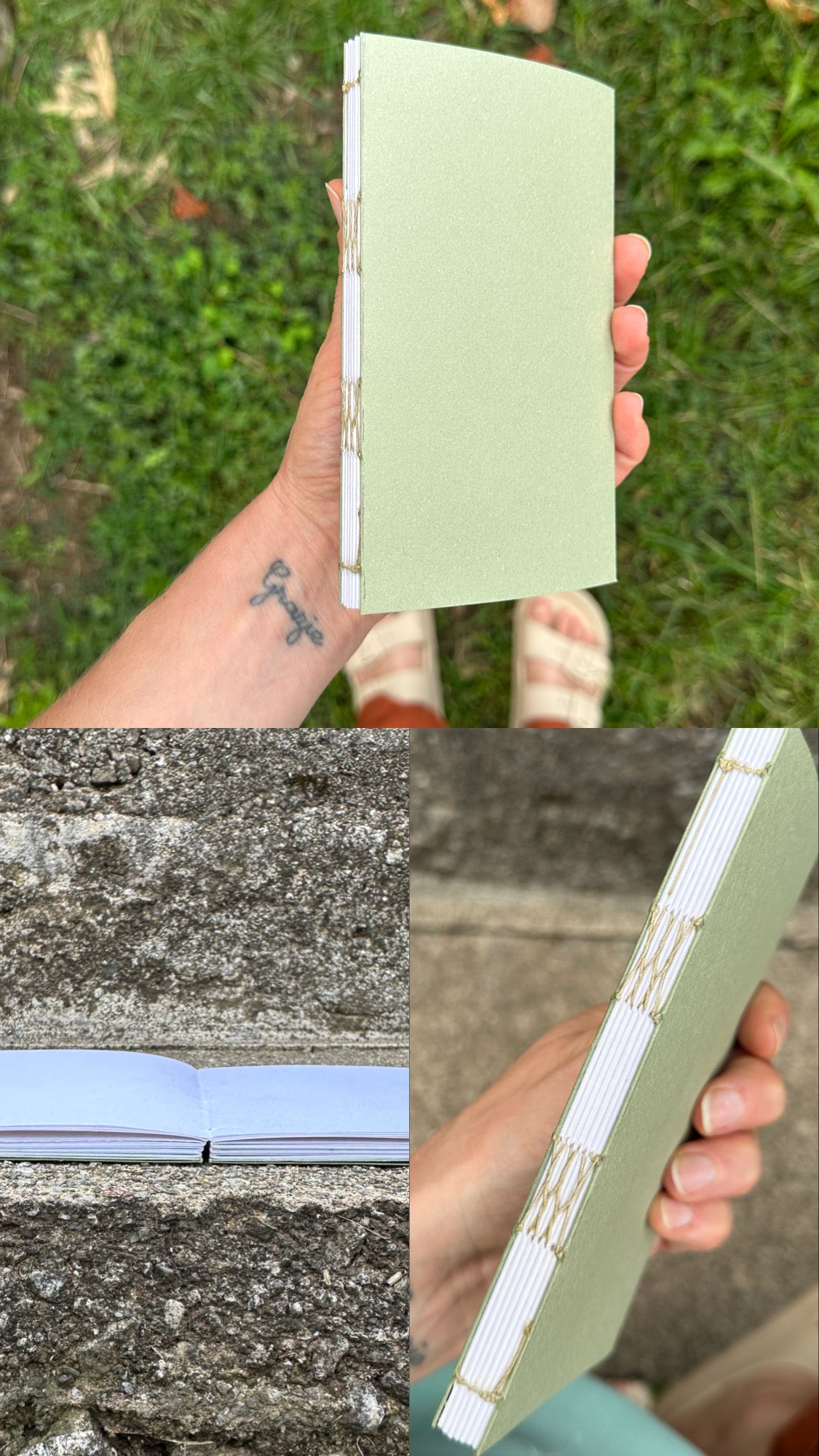 Quaderno cucito a mano con filo visibile sul dorso e apertura flat lay