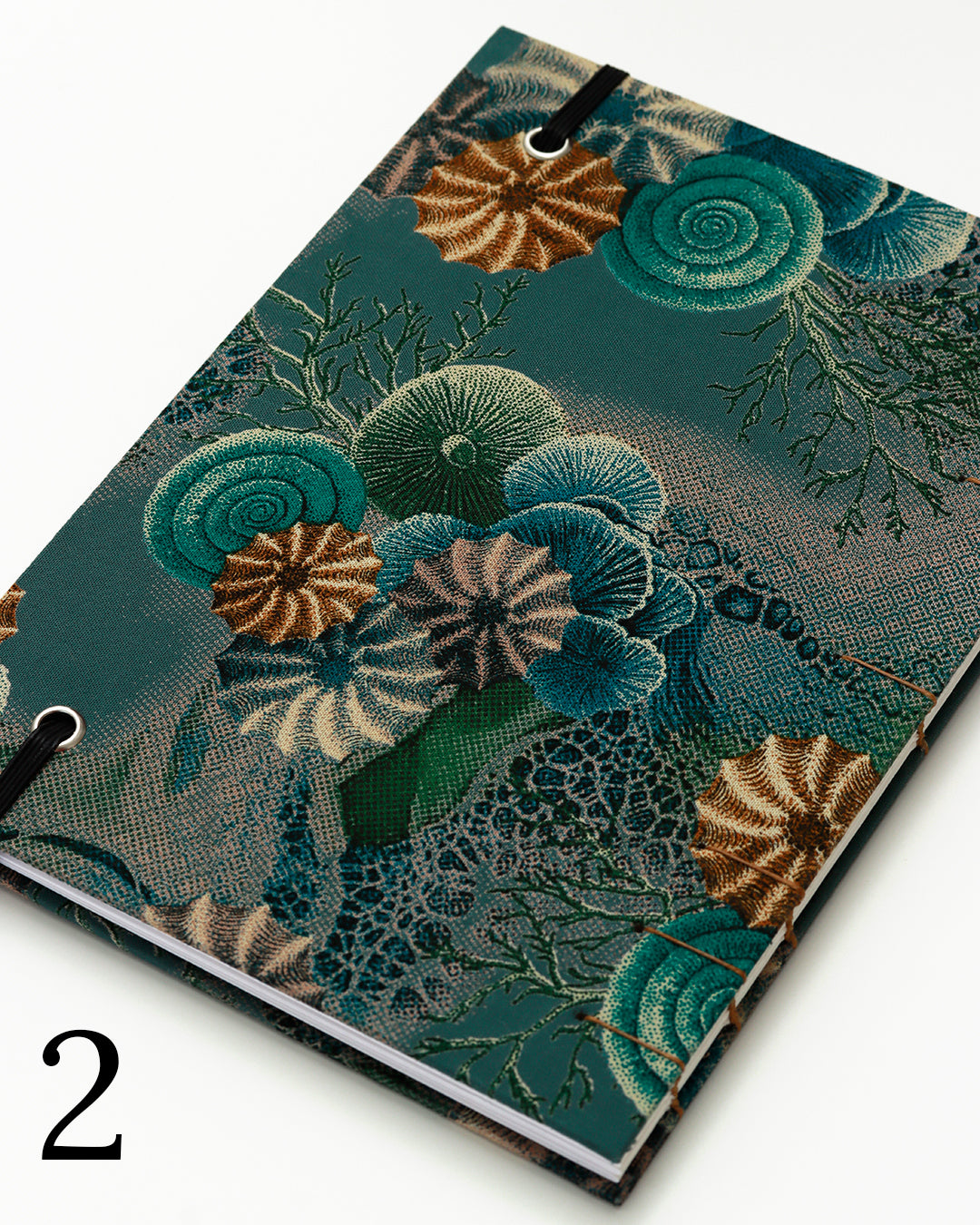 Quaderno per calligrafia con rilegatura copta, copertina in tessuto stampato con conchiglie e ricci di mare stile tavola naturalistica ottocentesca su fondo verde petrolio, elastico e filo golden brown