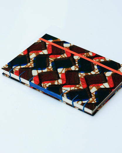 Quaderno A5 wax africano onde arancione e blu (elastico e busta)