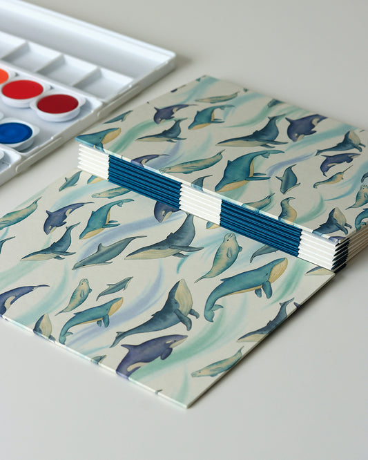 Quaderno A5 botanico Acquarello e Collage Balene e delfini