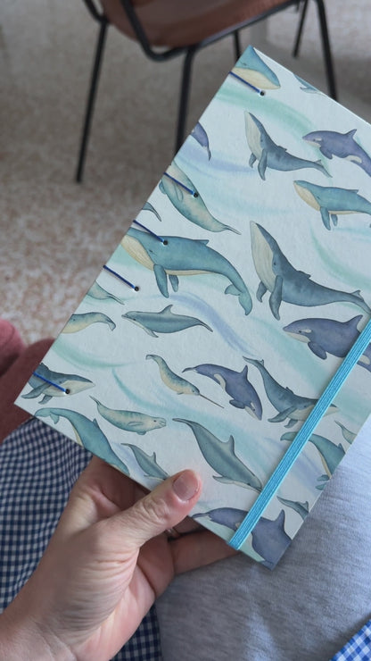 Quaderno Appunti, Formato A5, Algacarta, Balene e Delfini con elastico e busta